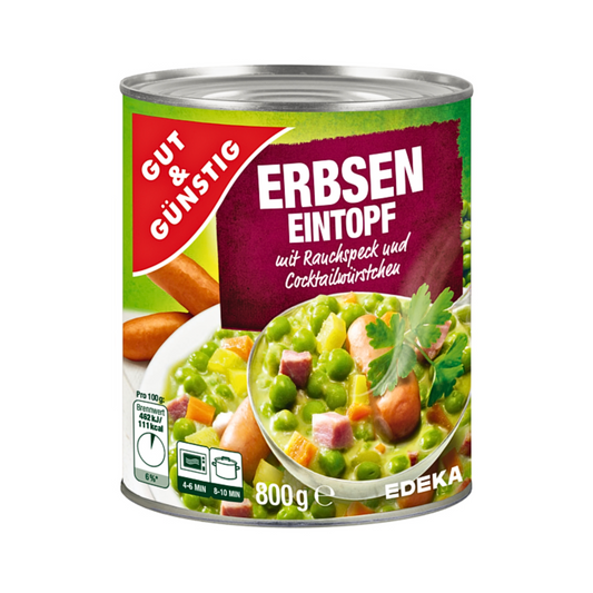 GUT&GÜNSTIG Erbseneintopf mit Rauchspeck und Cocktailwürstchen 800g foodpipe [Lebensmittel-Lieferservice Rostock]